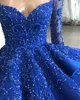 Formelle königliche blaue Kleider Abendkleidung 2020 Langarm Spitzen Applikationen Perlen Plus Size Prom Kleider Robe de Soiree Prom Kleider 251o