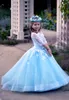 Ljus himmel blå spets boll klänning blomma flicka klänningar för bröllop pärlstav fasta kappor tulle sweep train appliqued första gemenskapsklänning