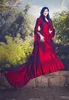 2020 Vestidos de Noiva Gótico Vermelho V Neck Rufles Manga Longa Vintage Victorian Vestido Nupcial Camisetas Saias Cetim Vestidos de Novia