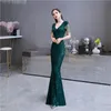 Sequins Green Mermaid Prom Dress Beaded Floor Length V Neck Evening Gowns for Women Elegant Party Gown Custom Made Short Sleeve