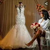 2020 Кружева Русалка Свадебные платья Высокие шеи Кружевные Аппликации Бусины Свадебные платья Светая поезд Свадьба Vestidos