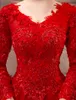 Cathedral Train Red Wedding Dresses Lace 2022 V-neck Long Sleeve Applique Beads Sequins Bridal Dress Wedding Gowns Plus Size Custo251w