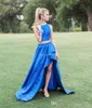 섹시한 로얄 블루 저렴한 두 조각 댄스 파티 드레스 보석 목 하이 사이드 분할 파티 드레스 Vestidos을 착용 저녁 기차 정장 드레스 스윕