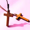 Vintage wooden Cross pendant necklace women Christ Jesus Cross sweater chain men handmade carving stylish 12pcs253b