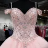 الوردي الخفيف تول الحلو 16 فساتين الكرة ثوب قبالة الكتف الديكور كريستال الترتر رايات quinceanera اللباس حفلة موسيقية فساتين التخرج 2019