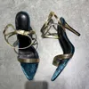 Livraison gratuite mode femmes sandales en cuir doré bleu velours à lanières talons hauts cheville envelopper chaussures sandales 10 cm