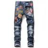 Unique Mens Painted Slim Fit Jeans Fashion Designer Skinny Washed Frayed Motocycle Denim Pants Hip Hop Biker Trousers 1066253J