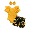 Baby Girl Cute Clothing Set Candy Color Ruffle Sleeve Romper + Floral Print Shorts with Headband 3pcs/set Sweet Infant flower Outfits M1969