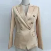 프리미엄 새로운 스타일 최고 품질의 원래 디자인 여성의 더블 브레스트 샴페인 블레이저 슬림 새틴 재킷 금속 버클 블레이저 outwear