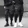 Erkekler Kurdeleler Renk Bloğu Siyah Cep Kargo Pantolon Siyah Harem Koşucular Harajuku Sweatpant Hip Hop Pantolon