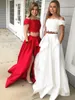 Two Pieces Red Ivory Prom Dresses with pockets Off The Shoulder strapless 2019 Evening Gown Sexy Split Ruffles Formal Party vestidos de gala