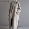 Sharezz 2019 겨울 모직 코트 여성 와이드 옷깃 벨트 포켓 양모 혼합 코트 긴 모직 outwear manteau femme hiver