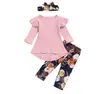 O bebê veste menina miúdos Floral Vestuário Flores Define Ruffle malha Tops Calças com alça Outfits Sólidos T-shirt Pantsuit Hairband Suits DYP6992