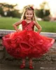 Adorável Comprimento Chá Vermelho Meninas Pageant Dresses Halter Lantejoulas Lace Puffy Primeira Comunhão vestido de organza bonito personalizado flor Girls Dress