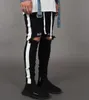 Nova moda masculina Jean Street Black Holes Listras brancas Jeans Hiphop Skateboard Calça lápis
