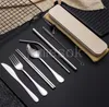 Stainless Steel Flatware Sets Portable Cutlery Set For Outdoor Travel Picnic Dinnerware Set Metal Straw With Box And Bag Kitchen Utensil DA