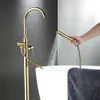 Badkar kran mässing guldgolvmontering badrum kran svivel spout enkel handtag tub fyllmedel hand dusch sprayer mixer kran
