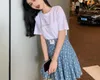 New style women's fashion short sleeve rhinestone t-shirt and high waist a-line moon print denim jeans pleated short skirt tw286h