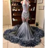 2022 Boncuklu Dantel Mermaid Balo Elbiseler ile Tüyler Kolsuz Siyah Kız Elbise Örgün Elbise Parti Abiye