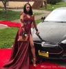 2019 Vestido de fiesta rojo oscuro Chicas negras con abertura larga Mangas largas Ropa formal para fiestas Vestido de fiesta de noche de graduación Por encargo Tallas grandes