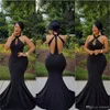 2019 Sexiga Black Mermaid Prom Dresses Halter Hollow Back Sweep Train Ruched 2019 Custom Made Plus Size African Formal Evening Party Gowns