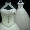 Robes de mariée sexy licou paillettes cristal dos nu tulle taille basse grande taille robes de mariée longueur de plancher de haute qualité pas cher