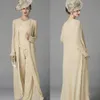 2020 Tre stycken med jackan Wraps Crystal Mother of Bride Suits Plus Size Chiffon Champagne Långärmade Bröllop Gästmödrar Byxor Suit
