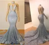 Gümüş Payetli Mermaid Uzun Gelinlik Modelleri Yüksek Boyun Hollow Out Dantel Aplike Seksi Backless Örgün Abiye giyim Uzun Mahkemesi Tren