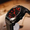 Neue OTCO 102738 PVD-Stahlgehäuse, schwarzes Zifferblatt, rote Markierung, automatische Herrenuhr, Gummi-Sportuhren, 5 Stile, hohe Qualität für Timezonewatch E10e5