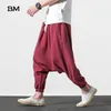 Chinese Style Cotton Linen Men's Cross-Pants Hip Hop Elastic Waist Loose Baggy Hakama Harmen Pants Harajuku Wide Leg Trousers