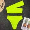 Solide Unregelmäßige Schulter Bikini 7 Farben Frauen Bandage Split Hohe Taille Bademode Badeanzug Badeanzug Bademode 5sets OOA6478