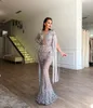 2020 Illusie Mermaid Avondjurken Tule Pailletten Applique Rhinestone Tasse Prom Dress Lange Mouwen Vloer Tarin Speciale Gelegenheid Jurken