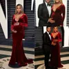 Sexy Deep V Neck Burgundy 2019 Arabic Mermaid Prom Dresses Long Sleeves Velvet Sweep Train Long Evening Dress Pregnant Gowns for Black Girls