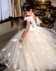 Barato Champagne Simples 2019 Princesa Flor Menina Vestidos Ruffles Pescoço Do Pescoço Laço Applique Puffy Tulle Flor Vestido de Menina Para Casamentos