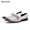 Batzuzhi italiensk typ män skor pekade metall tips vit läder klänning skor glida på gentleman vit bröllop skor män, 38-46