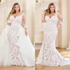 Modest Plus Size Mermaid Wedding Dresses With Detachable Train Long Sleeve Full Lace Appliqued Bridal Dress V Neck Wedding Gowns