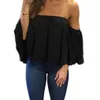 Stylish Women Off Shoulder Casual Blouse Shirt Tops Strapless Pure Color Bell Puff Sleeve Tops11