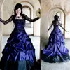 Vintage Victorian Gothic Ball Gown Bröllopsklänningar Sheer Långärmade Sexiga Blå Och Svart Ruched Retro Corset Lace Bridal Gowns Plus Storlek