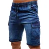 Jeans masculinos verão cargo denim shorts biker curto para masculino elástico cintura cordão azul lavagem shorts1