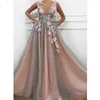 Sparkly Pailletten Tule Lange Prom Jurken Diepe V-hals Mouwloze Applicaties Avondjurk Robe de soiree Formele Partij Jassen