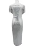 Sexig Silver Maxiklänning Kvinnor Tofs Paljett Deep-V Bodycon Klänning Off Shoulder Långärmad Bröllopskväll Lång