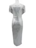 Robe Maxi argentée Sexy pour femmes, tenue moulante à franges, décolleté en V profond, épaules dénudées, manches longues, soirée de mariage, longue