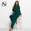 Sheinside groene stropdas taille shirt detail jumpsuit elegante rechte been jumpsuits voor vrouwen 2019 hoge taille lange mouw jumpsuit