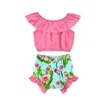 Vestiti per neonata Set di vestiti estivi per bambini Camicia con spalle scoperte Pantaloncini con stampa cactus 2 pezzi Set Pantaloni corti con volant senza maniche Abiti 8596544