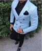 Brand New Light Blue Men Wedding Tuxdos Double-Breasted Groom Tuxedos Excellent Men Jacket Blazer 2 Piece Suit (Veste + Pantalon + Cravate) 2663