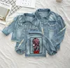 Flickor Denim Jacket Coats Barnkläder Höst Barnflickor Kläder Sequins Holes Hot Fix Rhinestones Ytterkläder Toppar Jean Jacket för barn