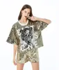 Shiny Sequins Womens Ladies Tops Short Style Tiger Head Short-sleeve Performance Clothing T-shirt Dress Summer Casual