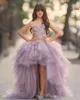 Lavanta Yüksek Düşük Kızlar Pageant Törenlerinde Dantel Aplike Prenses Çiçek Kız Elbise Düğün Katmanlı Etek Tül Kabarık Çocuklar Parti Elbise