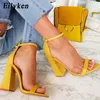 Eliyken 2019 Sandali da donna estivi Sandali con cinturino con fibbia aperta Sandali con stampa leopardata con tacco alto quadrato giallo Sandali da 10,5 cm Y19070303