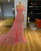 Rosa Sequined Mermaid Prom Klänningar Illusion Sweetheart Neck Feather Sparkly Sequins Evening Gowns Party Club Wear Dress